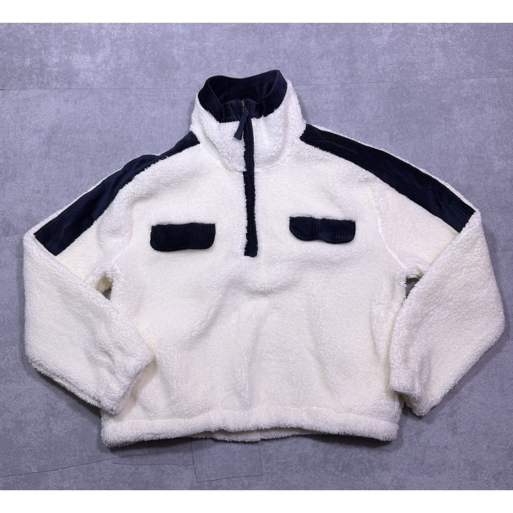Faherty Pullover Womens L Sherpa Fleece 1/4 Zip Navy Corduroy Ivory Jacket Boho